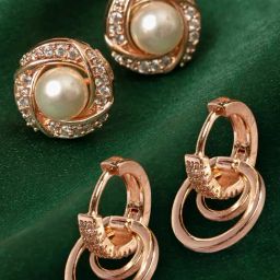 Zaveri Pearls Combo of 2 Rose Gold Cubic Zirconia & Pearls Brass Stud & Drop Earrings - ZPFK10859-7
