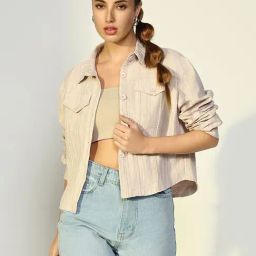 Showoff Beige Cotton Regular Fit Striped Jacket-picture-11