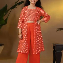 Fashion Dream Kids Rust Embroidered Crop Top With Palazzos And Shrug Set-picture-3