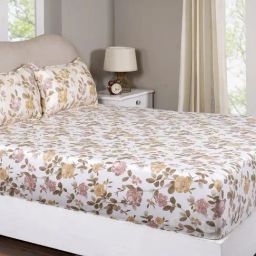 Maspar Blossom Meadow Pink Cotton Floral 300 TC Double Fitted Bedsheet with 2 Pillow Cases-picture-2