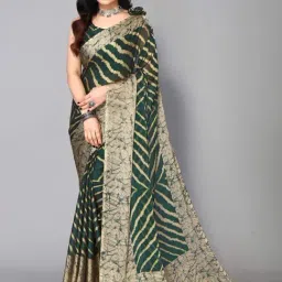 FABMORA Green Printed Saree With Unstitched Blouse-picture-6