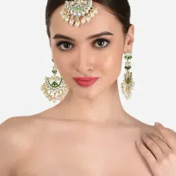 Zaveri Pearls Green Meenakari Lotus Design Kundan Earring & Maangtikka Set-ZPFK12216-42