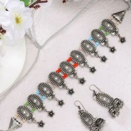 NVR Women Silver-Plated Choker Oxidized Necklace with Jhumki Earrings-picture-11