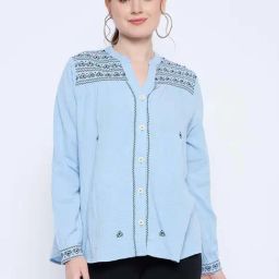 MADAME Turquoise Cotton Embroidered Top-image-79
