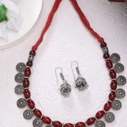 NVR Women Red Silver-Plated Choker Oxidized Necklace with Jhumki Earrings-picture-9