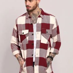 Showoff Maroon Cotton Regular Fit Checks Shacket-image-68