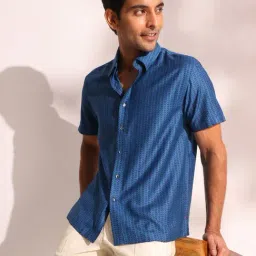 Fabindia Blue Viscose Silk Straight Fit Print Casualshirts-picture-15