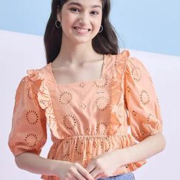 StyloBug Girls Peach Cotton Embroidery Top-image-77