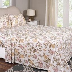 Maspar Blossom Meadow Pink Cotton Floral 300 TC King Flat Bedsheet with 2 Pillow Cases-picture-1