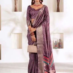 Satrani Dusty Purple Floral Print Saree With Unstitched Blouse-picture-10