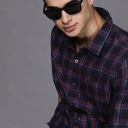 WROGN Men Navy Blue & Red Slim Fit Checked Casual Shirt-picture-12