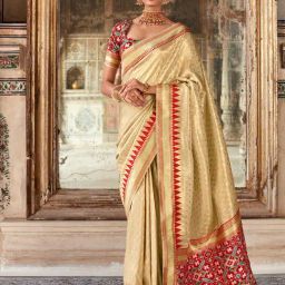 Satrani Beige Silk Woven Saree With Unstitched Blouse-image-55