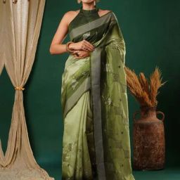 Satrani Green & Green & Embroidered Saree With Unstitched Blouse-image-54