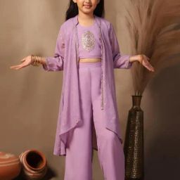 Fashion Dream Kids Lavender Embroidered Crop Top With Palazzos And Shrug Set-picture-28