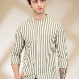 Being Human Olive Cotton Regular Fit Stripes Shirt-image-87