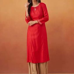Fabindia Red Viscose Silk Slim Fit Embroidered Long Kurta-picture-41