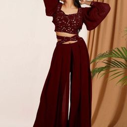 PARROT CREATION Gopi Embroidered Sweetheart Neck Georgette Crop Top With Palazzos-image-40