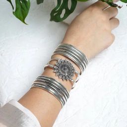 Teejh Silver-Plated Madhuparna Stacked Bracelets for Women - Set of 3-image-71