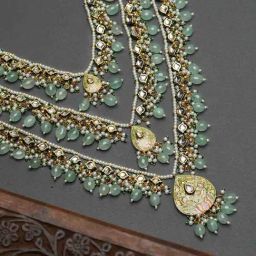 Priyaasi Gold-Plated Sea Green Studded Buds Beaded Multilayer Necklace for Women-4
