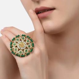 Zaveri Pearls Green Beads & Kundan Embellished Goddess Laxmi Temple Finger Ring-ZPFK10783-37