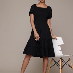 Roadster Puff Sleeves Smocked Fit & Flare Dress-image-93