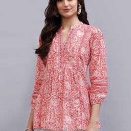 QOMN Coral Cotton Floral Print Top-36
