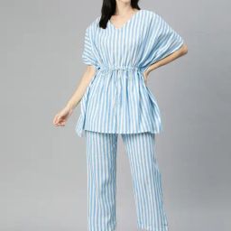 Cottinfab Blue Cotton Striped Kaftan With Trousers-image-97
