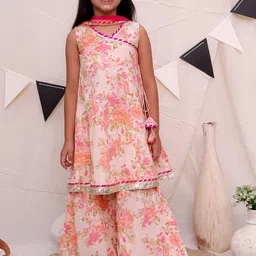 Ka-mee Girls Floral Printed Regular Gotta Patti Pure Cotton Kurta with Sharara & With Dupatta-image-12