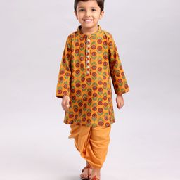 Babyhug Full Sleeves Kurta and Dhoti Set Flower Printed - Mustard-image-41