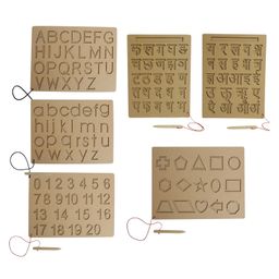 Mindmaker Wooden Tracing Slate Writing Practice Board with Dummy Pencil Set of 6 Board Capital Alphabets Small Alphabets Numbers Hindi Vowel & Consonants and Shapes - Brown-16
