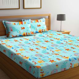FABINALIV Cartoon Print 300 TC Cotton Blend King Size Double Bedsheet with 2 Pillow Covers - Blue-11