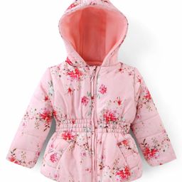 Babyhug Woven Full Sleeves Floral Printed Hooded Jacket - Pink-image-99