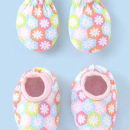 Babyhug 100% Cotton Knit Mittens & Booties Set Floral Print - Pink-image-11