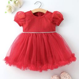 Mark & Mia Puffed Sleeves Partywear Frock Style Onesie with Net & Frill Detailing - Red-image-52