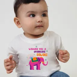 KNITROOT Diwali Theme Half Sleeves  Wishing You A Sparkling Diwali Text Printed Tee - White-picture-5