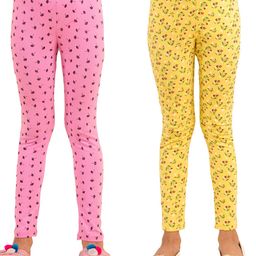 Kids Cave Pack Of 2 Cotton Jersey Abstract Design & Flower Printed Leggings - Pink & Yellow-image-11