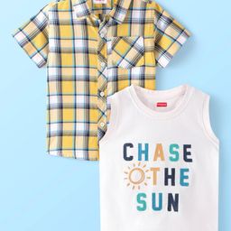 Babyhug Cotton Half Sleeve Checks Shirt with Printed Inner T-Shirt - Yellow & White-image-97