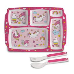 Cello Kidzbee Pentameal Plate with Spoon and Fork Unicorn Print - Pink-13