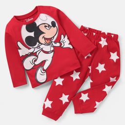 Babyhug Disney Single Jersey Knit  Full Sleeve Night Suit with Mickey Mouse Graphics - Red-image-94