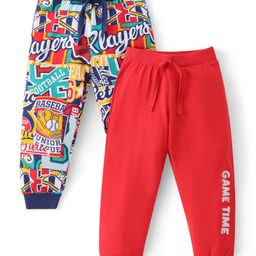 Babyhug Cotton Knit Full Length Lounge Pants With Varsity Print Pack Of 2 - Multicolor-image-31