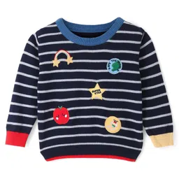 ToffyHouse Cotton Knit Full Sleeves Sweater with Rainbow & Star Embroidery - Navy Blue-picture-38