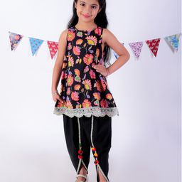 Lil Drama Cotton Sleeveless Floral Printed & Lace Embellished Kurta Dhoti Set - Black & Multi Colour-image-75