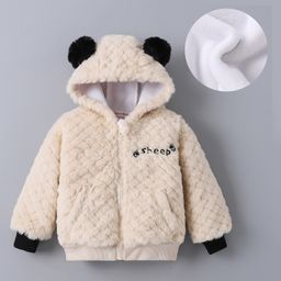 Kookie Kids Full Sleeves Hooded Winter Fur Jacket with Text Embroidery & Ears Applique - Beige-picture-14