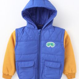 Little Kangaroos Knit Full Sleeves Hooded Padded Winter Jacket With Pockets - Royal Blue & Yellow-image-24