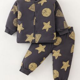 Doreme Interlock Knit Full Sleeves Front Open Winter Wear Co-Ord Set With Moons & Stars Print - Charcoal Grey-picture-12