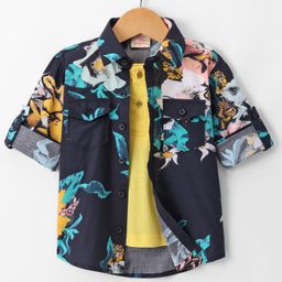 Rikidoos Full Sleeves Floral Printed Shirt With Attached Tee - Navy Blue & Grey-image-92