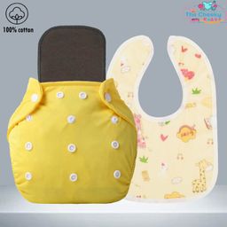 The Cheeky Kidzz Baby Essential Reusable Cotton Cloth Diaper With Bamboo Charcoal Insert With Feeding Bib (YELLOW)-22
