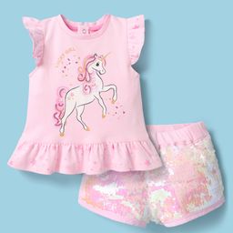 ToffyHouse Knitted Frill Sleeves Top & Shorts Set with Unicorn Print & Sequin Detailing - Pink-image-58