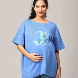The Mom Store Half Sleeves Mom My World Text Printed Oversized Maternity Tee - Blue-image-6