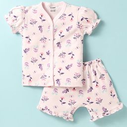 CUCUMBER Sinker Knit Puffed Sleeves Shorts Co-ords Night Suit with Floral Print - Pink-image-92